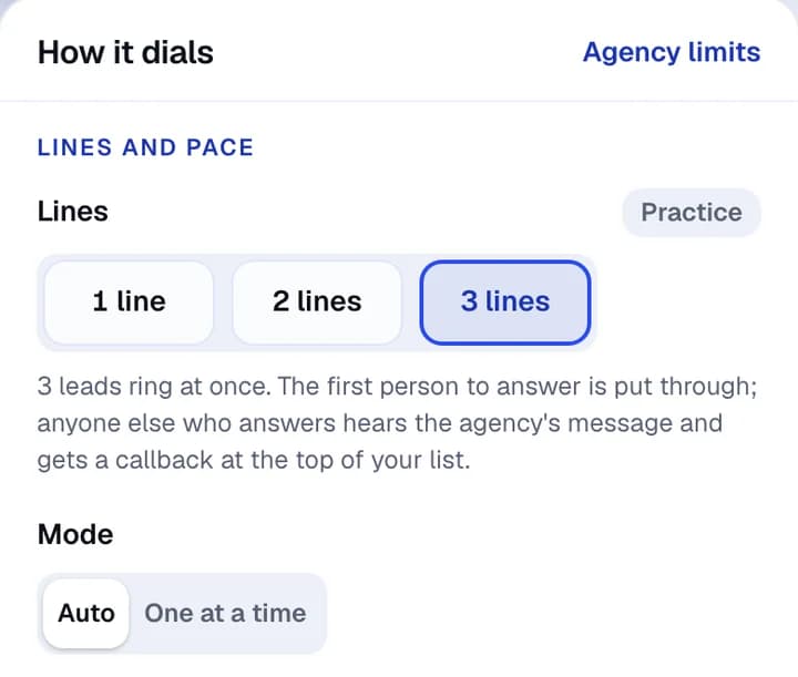 How it dials: choose 1 line, 2 lines or 3 lines, and Auto or one at a time.