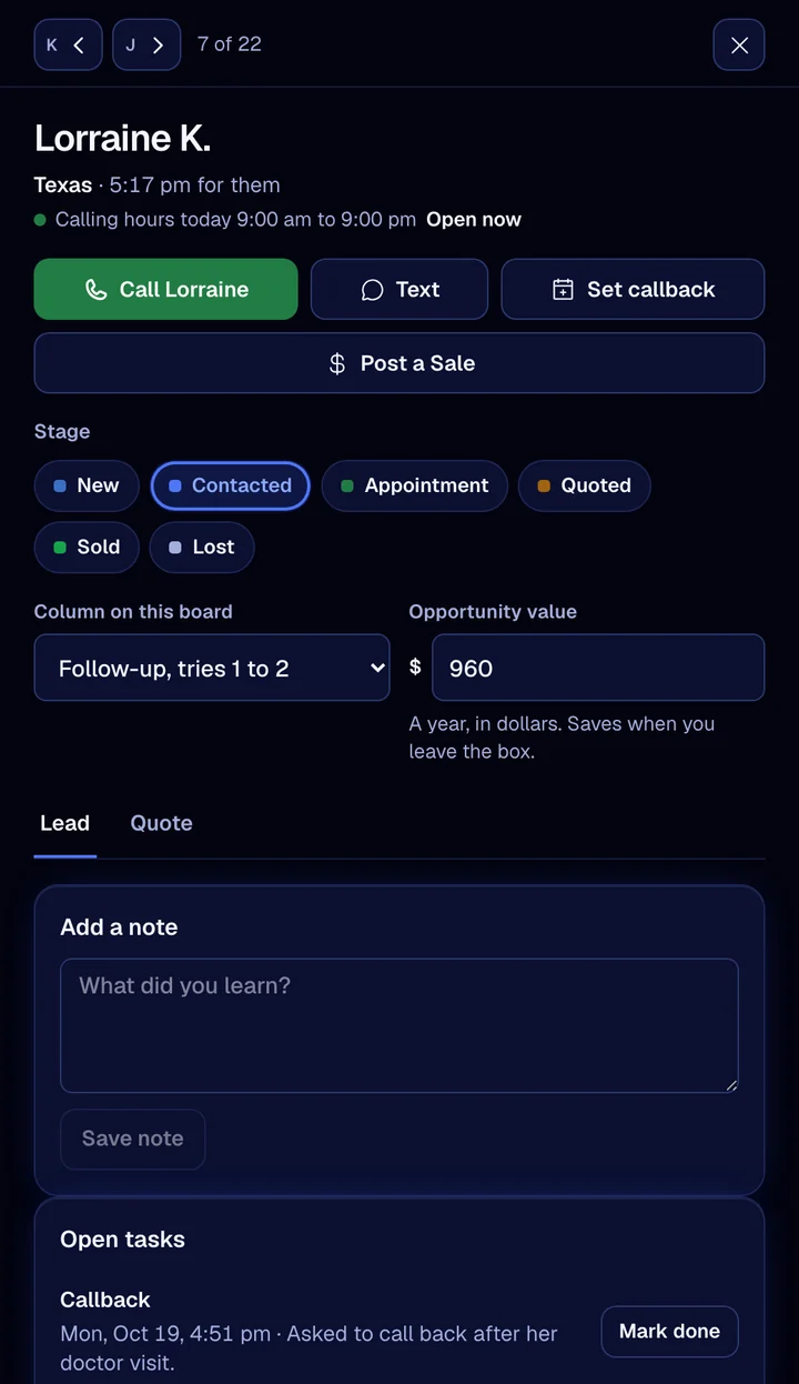A contact opened beside the board: Lorraine K. in Texas, Call, Text and Set callback buttons, stage chips and her open callback task.