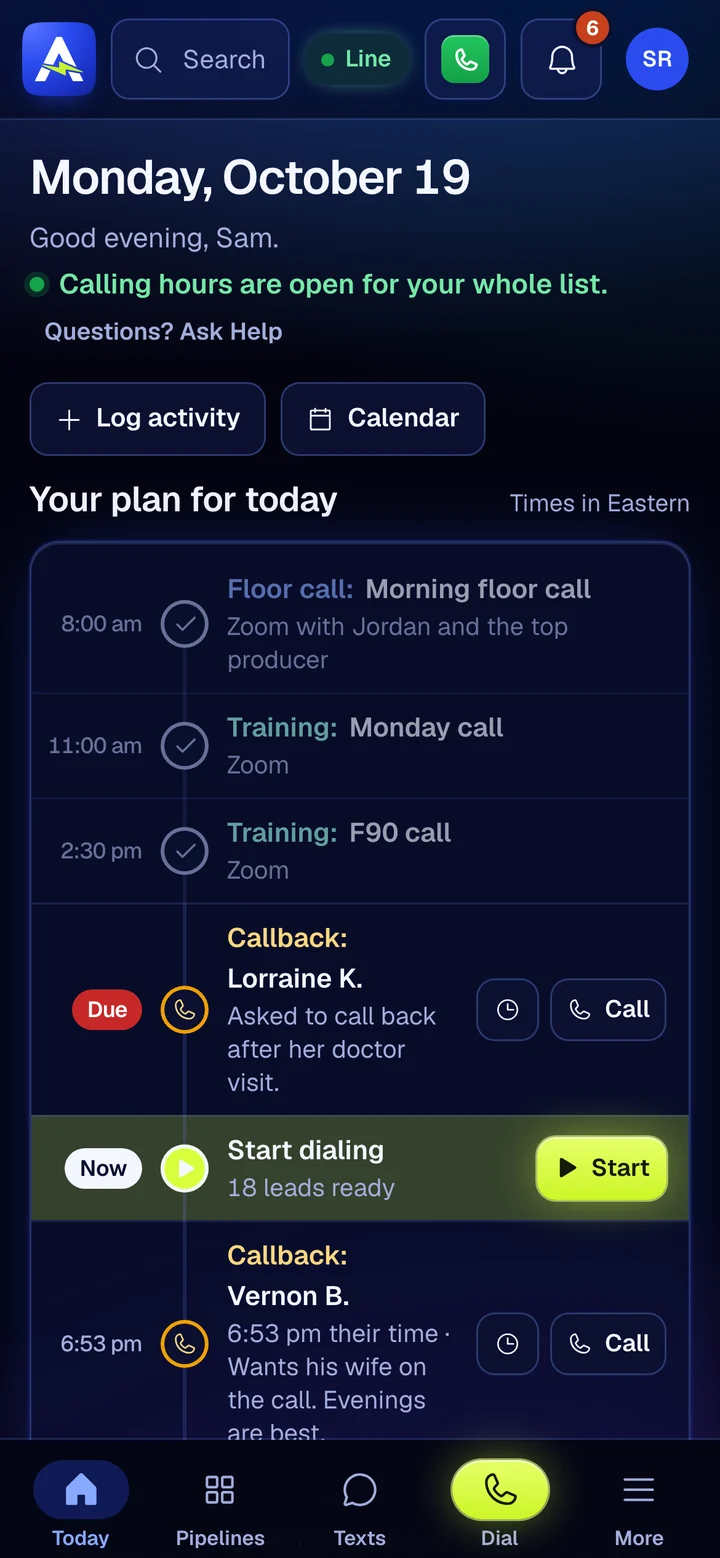 Today on a phone: Monday, October 19, the plan for the day with floor calls, training, a callback that is due and Start dialing now.
