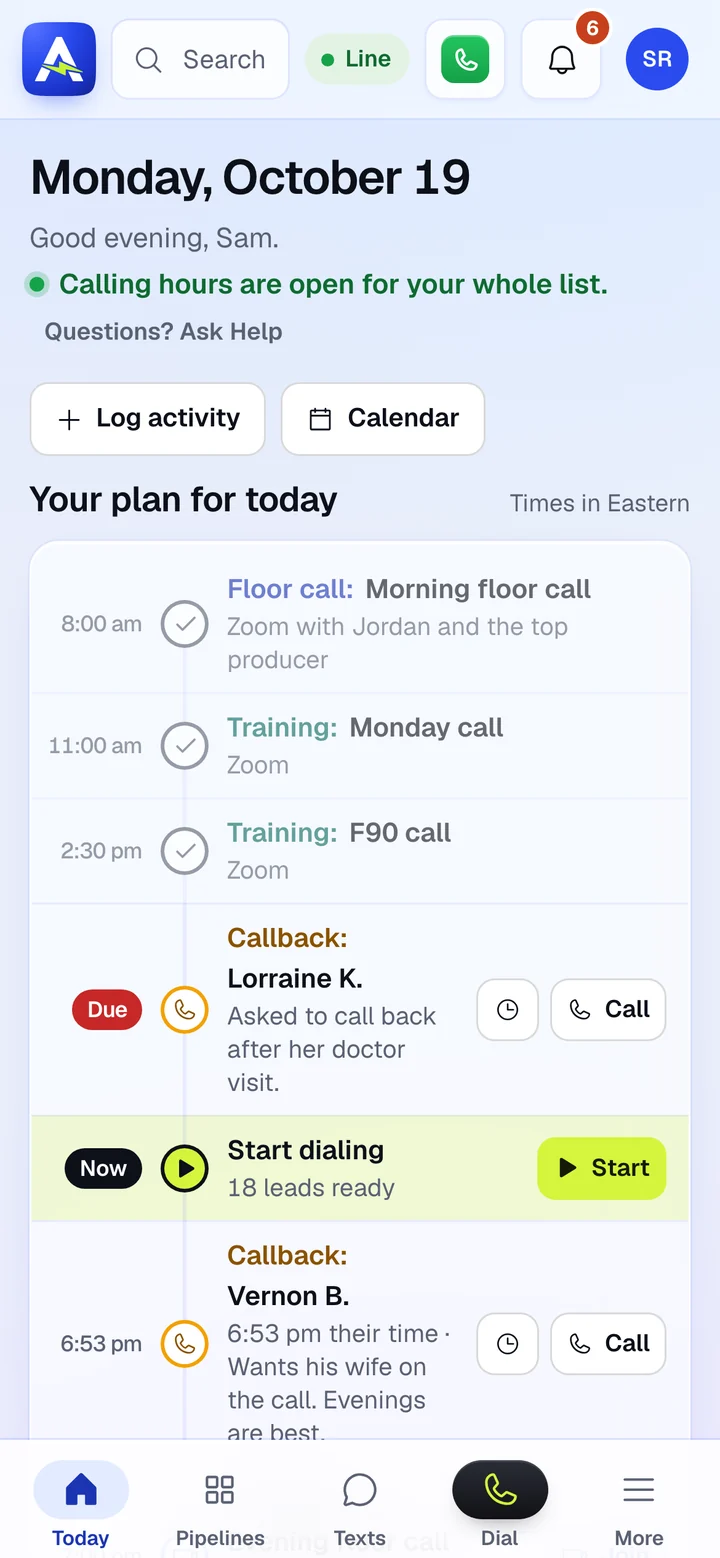 Today on a phone: Monday, October 19, the plan for the day with floor calls, training, a callback that is due and Start dialing now.